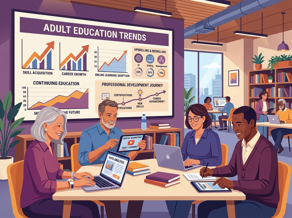 A diverse group of adult learners engaging with online educational platforms on their laptops