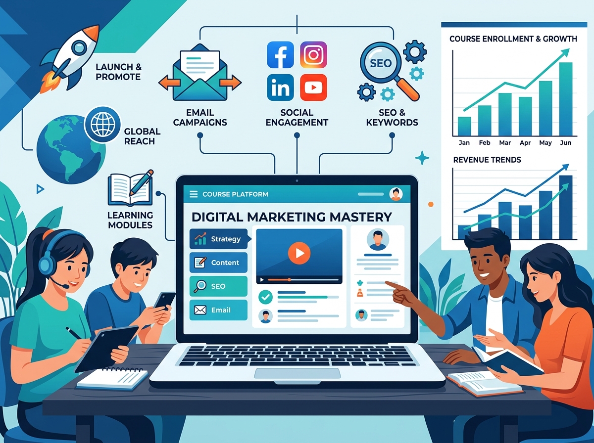 A team of marketing professionals analyzing digital strategy metrics for online education programs
