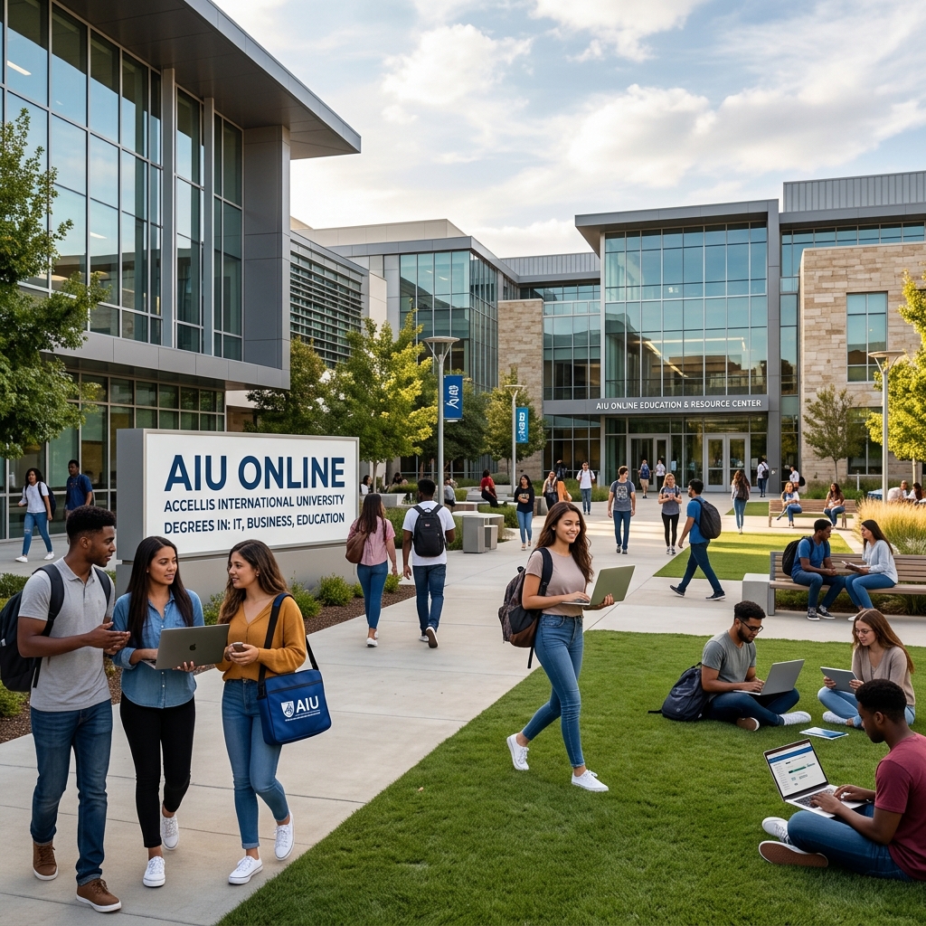 Students engaged in online learning through the AIU Online virtual campus interface