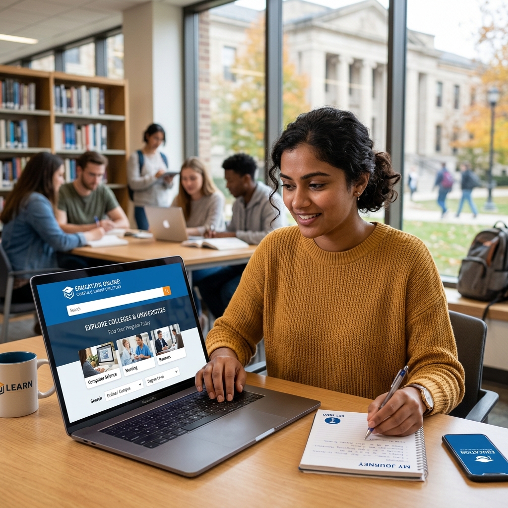 Student navigating an online college directory on a laptop to find the best university programs