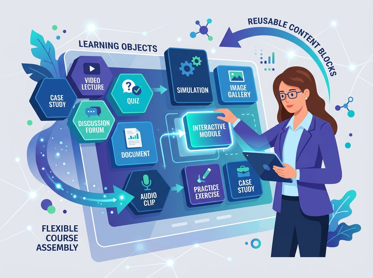 A comprehensive visual representation of modular learning objects integrated into an online education platform ecosystem