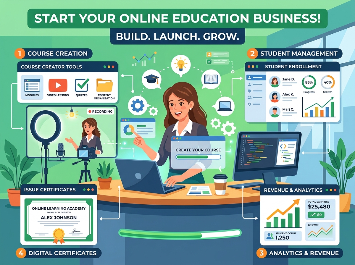 A professional educator teaching an online class using a laptop and modern software tools